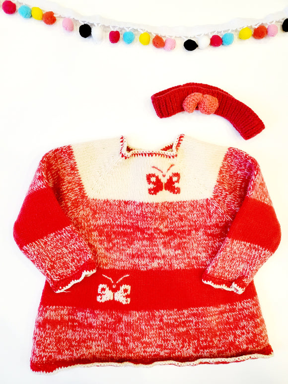 Robe à manches longues fille en tricot - confectionnée à la main - 12 mois